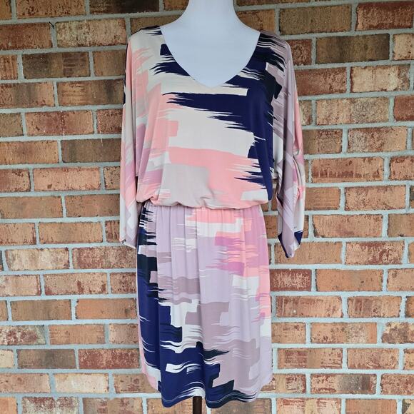 Tori Richard Dress M Stretch Blouson Waist Shirred Dolman Sleeves Abstract Print - Picture 2 of 10
